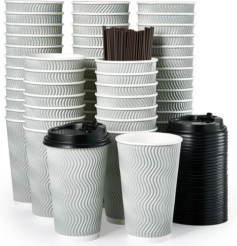 Vista 9 de MUCHII Tazas de café desechables de 12 onzas, 100 unidades, tazas con aislamiento ondulado para llevar con tapas y popotes para té, chocolate