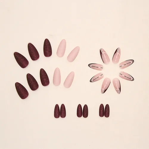 Vista 2 de Juego de 24 uñas postizas a presión con punta de almendra mediana, uñas postizas artificiales con diseño de línea de polvo dorado, cobertura