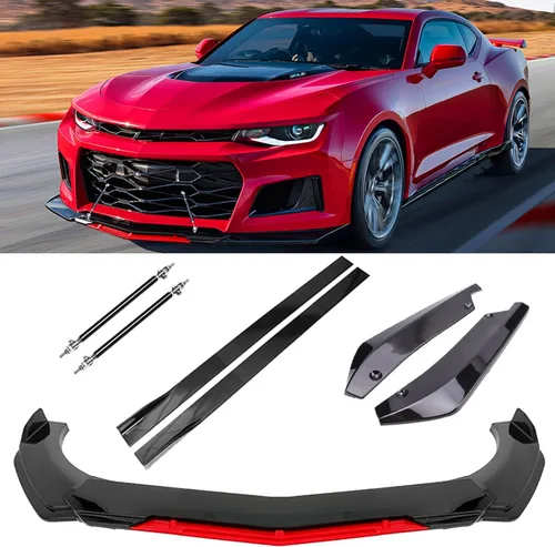 Vista 9 de Kit de carrocería con alerón difusor de parachoques delantero universal negro y rojo brillante + barra divisora de soporte ajustable roja + falda