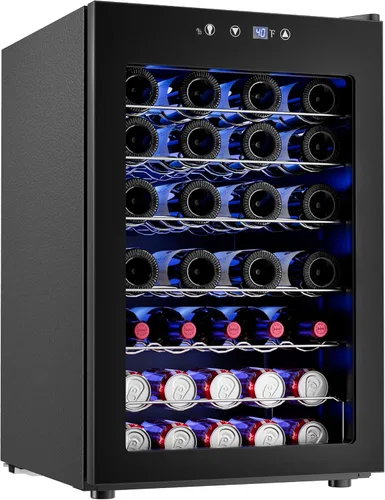 Vista 8 de Icyglee Refrigerador de bebidas para 48 latas, Mini refrigerador con puerta de vidrio con estantes ajustables, Refrigerador de bebidas independiente