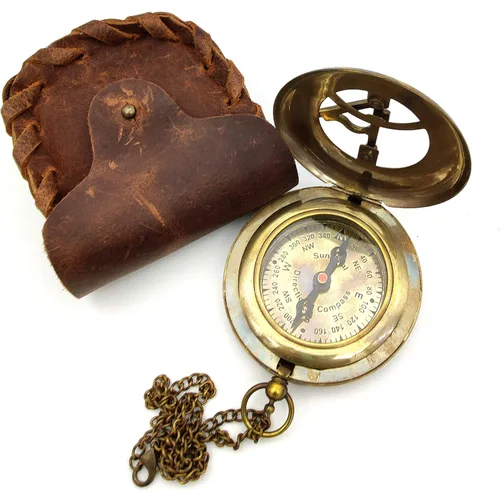 Vista 2 de Brújula de reloj de sol de latón hecho a mano con caja de cuero y cadena, brújula abierta - Accesorio steampunk - Acabado envejecido - Hermoso
