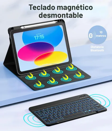 Vista 4 de Hamile Funda para iPad de 11ª y 10ª Generación con Teclado - Funda de Teclado Folio Inalámbrico Desmontable con Retroiluminación de 7