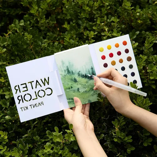 MEEDEN Juego de pintura de acuarela, suministros de pintura de 24 colores con 10 papeles de acuarela y pincel, kit de pintura artística portátil