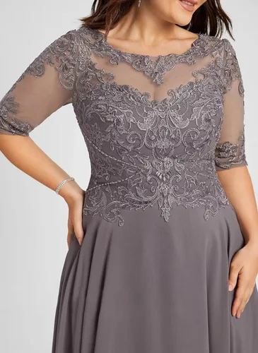 Vista 6 de Vestidos de noche formales de gasa para madre de la novia con mangas de encaje alto bajo largo formal