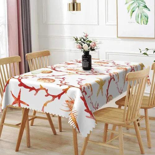 Vista 15 de Mantel oblongo, diseño de playa de 52 x 70 pulgadas, diseño de playa con estrellas de mar y olas de mar, con decoración impermeable y resistente a