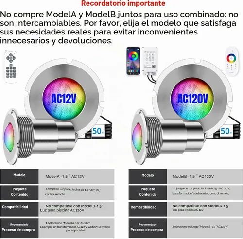 Vista 3 de Luz de Piscina de 1.5 Pulgadas LED RGBW Multicolor para Piscina Enterrada y Spa, IP68 Impermeable, AC 120V, Cable de 50 Pies con Controlador, APP