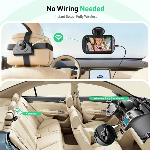 Vista 5 de Monitor inalámbrico de cámara de automóvil para bebé, pantalla de 4.3 pulgadas con rotación de 360°, cámara de asiento de automóvil orientada hacia