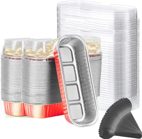 Vista 19 de Findful Mini Moldes para Hornear Pan con Tapas y Cucharas (Paquete de 50, 6.8oz) Moldes Rectangulares de Papel de Aluminio para Hornear Recipientes
