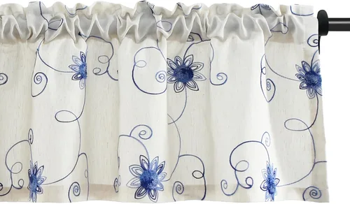 Vista 22 de VOGOL Cenefas de cortina bordadas con estampado floral azul, estilo campestre, con bolsillo para barra, para dormitorio, cortinas cómodas y suaves