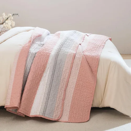 Vista 5 de Litanika Juego de edredón de 3 piezas, tamaño Queen, color rosa, colcha de retazos a rayas, juego de ropa de cama de verano de microfibra ligera