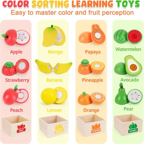 Vista 2 de ATOYUS Juego de alimentos de madera para niños pequeños de 1 a 3 años, accesorios de cocina para cortar frutas, alimentos de simulación con cajas