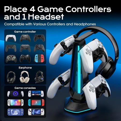 Vista 3 de Saitake Soporte para controlador RGB con 9 modos de luz, soporte de controlador con 2 puertos USB, soporte para auriculares de escritorio adecuado