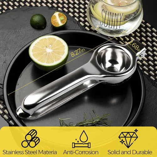 Vista 3 de Exprimidor de limón prémium de acero inoxidable, exprimidor manual de limón, exprimidor eficiente de cítricos con cuenco de metal para extracción