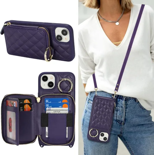 Vista 18 de Funda tipo cartera con bandolera para iPhone 15 Pro Max, funda de piel sintética con cierre de cremallera, funda tipo atril con ranuras para Oro Rosa