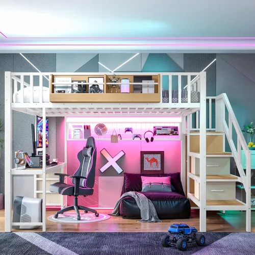 Vista 12 de MERITLINE Cama loft para juegos de tamaño matrimonial con escritorio y Negro