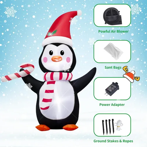 Vista 7 de AJY Pingüino inflable de Navidad de 4 pies con luces LED de dulce para decoración navideña inflable para interiores y exteriores, patio, césped