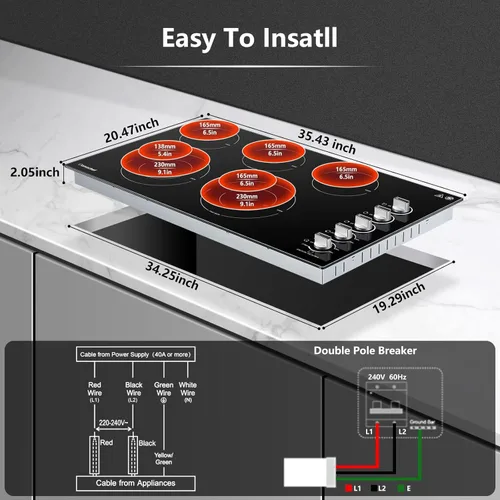 Vista 2 de AMZCHEF Placa de cocina eléctrica de 8900 W de 36 pulgadas, estufa eléctrica incorporada de 5 quemadores, estufa radiante de 36" con control