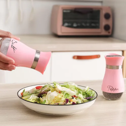 Vista 6 de Juego de salero y pimentero, acero inoxidable con botella de vidrio para mesa, RV, campamento, barbacoa, juego de 2, rosa