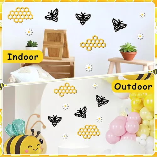 Vista 6 de 9 calcomanías de madera para decoración de abejas para telón de fondo, abeja de miel, margaritas, flores, letreros de panal para arco de globos
