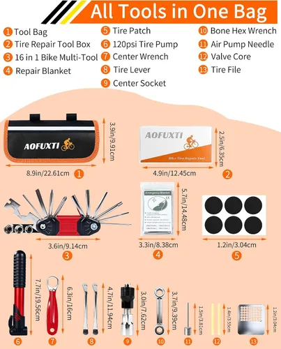 Vista 2 de Kit de reparación de bicicleta de 14 piezas con bomba de neumáticos, portátil y duradero