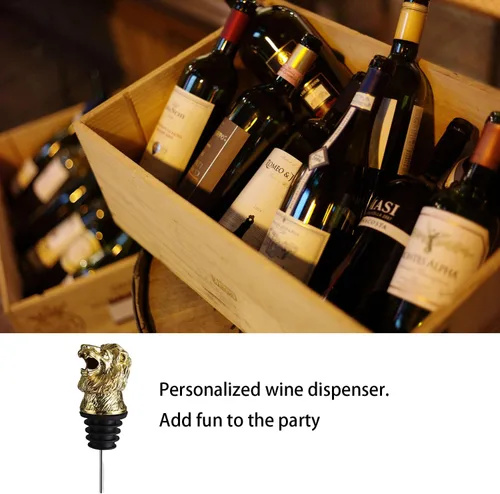 Vista 6 de Boquilla aireadora de vino con cabeza de león, accesorios de vino blanco, funciona con abridor de vino para entusiastas principiantes, vertedores