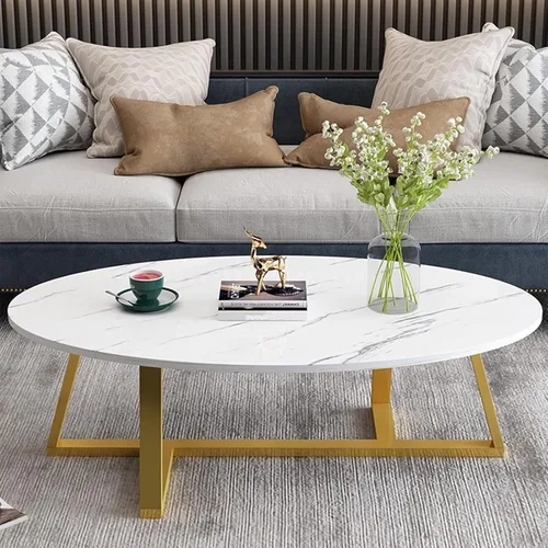 Vista 10 de Wolawu Mesa auxiliar pequeña ovalada, mesa de mármol sintético blanco para sala de estar, mesas de té centrales modernas para espacios pequeños
