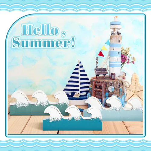 Vista 2 de Qunclay 3 piezas de decoración de mesa costera con olas de madera, decoración del océano, bandeja escalonada de playa de verano, centros de mesa