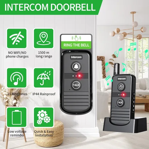 Vista 2 de Timbre de intercomunicador inalámbrico, intercomunicadores inalámbricos para el hogar de 4900 pies de largo alcance, timbre impermeable para Negro