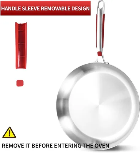 Vista 7 de Inqibee Sartén de acero inoxidable de tres capas de 10 pulgadas con tapa, sartén, sartén de inducción, resistente y apta para lavavajillas, mango