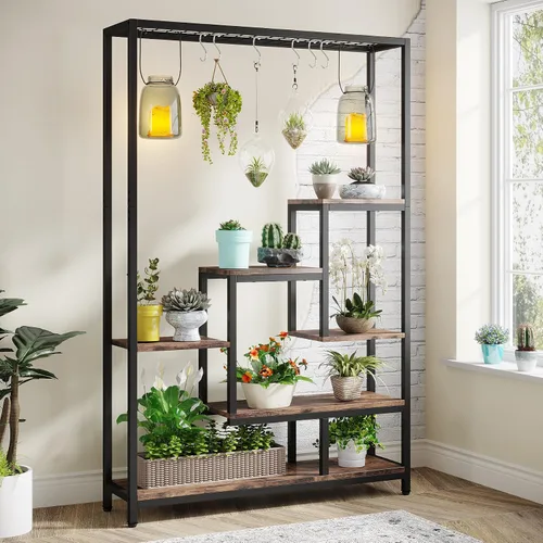 Tribesigns Soporte alto para plantas de interior de 5 niveles, estante grande de metal para plantas de 70.9 pulgadas con 6 ganchos colgantes en S,