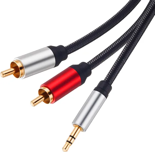 Vista 2 de Cable RCA de 6 pies, 0.138 in macho a 2RCA macho, cable adaptador de audio estéreo de nailon trenzado, cable AUX RCA Y para teléfonos inteligentes