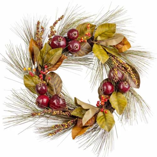 Vista 6 de Factory Direct Craft Corona de pino artificial de granada y hojas de magnolia para decoración del hogar, acentuación y exhibición