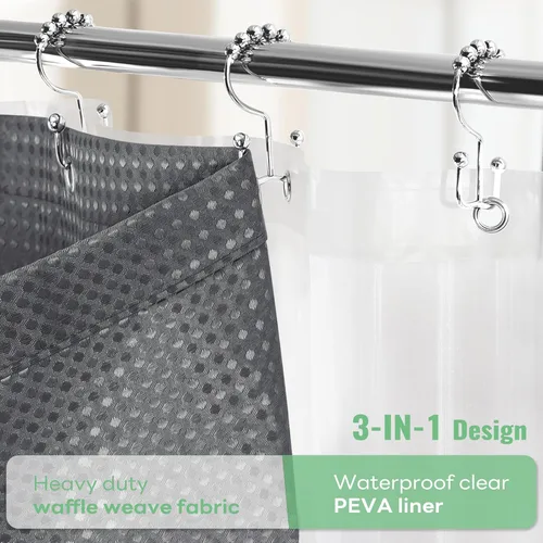 Vista 93 de Cortina de ducha de tela Dynamene verde oscuro - Cortinas de baño de tela de nido de abeja texturizadas resistentes, juego de cortinas de baño