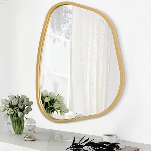 Vista 11 de Espejo de pared irregular de 26 x 18 pulgadas, espejo de baño grande asimétrico con marco de madera, espejos decorativos artísticos modernos