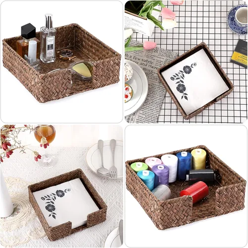 Vista 7 de Sumnacon Servilletero tejido, servilletero, cesta de servilletas de algas marinas, bandeja cuadrada para servilletas, bandeja plana para servilletas