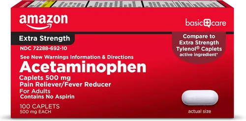 Amazon Basic Care - Analgésico extrafuerte; cápsulas de acetaminofén de 500 mg; aliviador del dolor/reductor de fiebre; 100 unidades (el embalaje