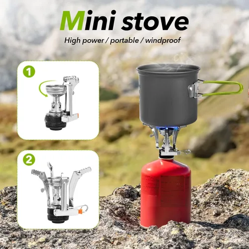 Vista 4 de Utensilios de cocina para camping, estufa de mochilero, trípode y taza de campamento de acero inoxidable, kit de cuchara de tenedor para senderismo