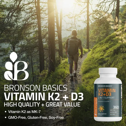 Vista 3 de Bronson Suplemento de Vitamina K2 D3 (MK7) Fórmula No-GMO Vitamina D3 5000UI (125 mcg) & 90 mcg K2 MK-7, Complejo D & K Fácil de Tragar, 120 Tabletas