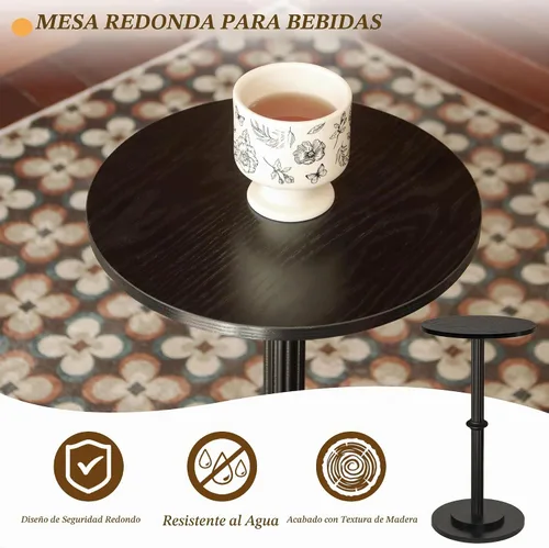 Vista 6 de MaxSmeo Mesa para Bebidas, Mesa Lateral Pequeña para Espacios Pequeños, Mesa Terminal Redonda Moderna con Pata de Madera Acanalada, Negro