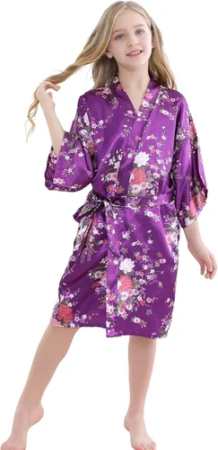 MORFORU Bata kimono de satén sedoso para niñas y niños, para boda, fiesta de spa, corta