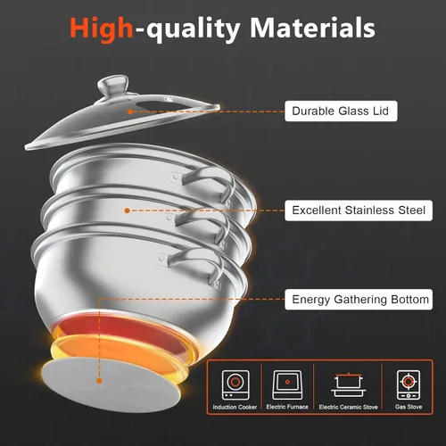 Vista 2 de Olla de vapor de acero inoxidable de 3 niveles, vaporizador de alimentos de gran capacidad para estufa, olla de vapor apilable de múltiples capas