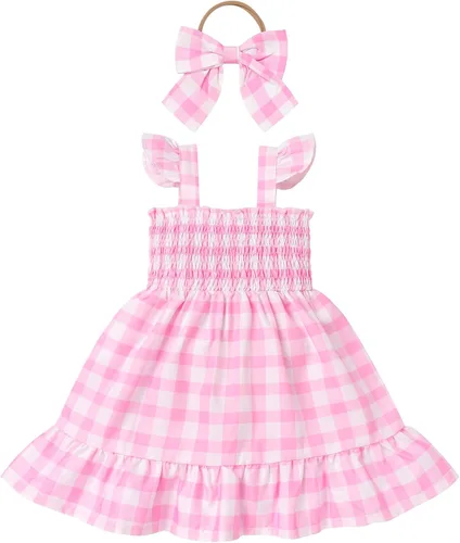 Vista 2 de IBTOM CASTLE Mameluco a cuadros rosa y blanco, vestido a cuadros para niño de primer cumpleaños, disfraz bohemio de Halloween, cosplay