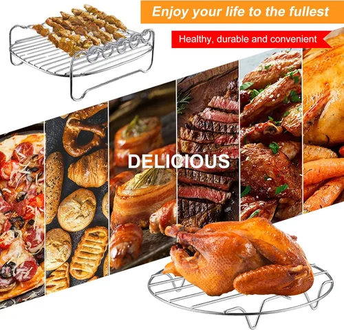 Vista 5 de Estante para freidora de aire para horno freidora de aire, juego de 2 accesorios multiusos, estante de alambre de doble capa de metal con pincho