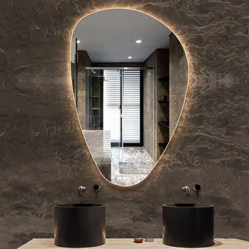 Vista 10 de Espejo de pared irregular sin marco con luz LED, espejo de baño retroiluminado con LED regulable tricolor, espejo de maquillaje asimétrico con gotas