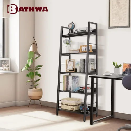 Vista 28 de BATHWA Estantería para libros de 5 niveles, estantería industrial rústica de madera de metal, marrón oscuro de 28 pulgadas de ancho y 59 pulgadas