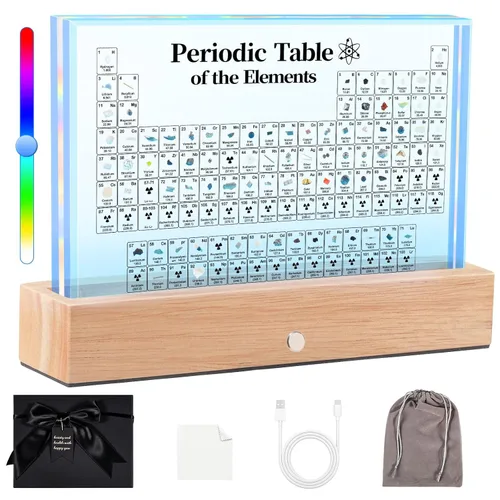 ZXMOTO Tabla Periódica con Elementos Reales en el Interior, Tabla Periódica de Acrílico Inalámbrica y Recargable Grande Mejorada con 7 Luces LED