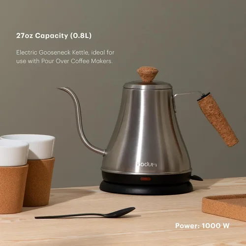 Vista 2 de Bodum Melior - Hervidor de agua eléctrico de cuello de cisne de 27 onzas, para verter sobre café y té, acero inoxidable cepillado