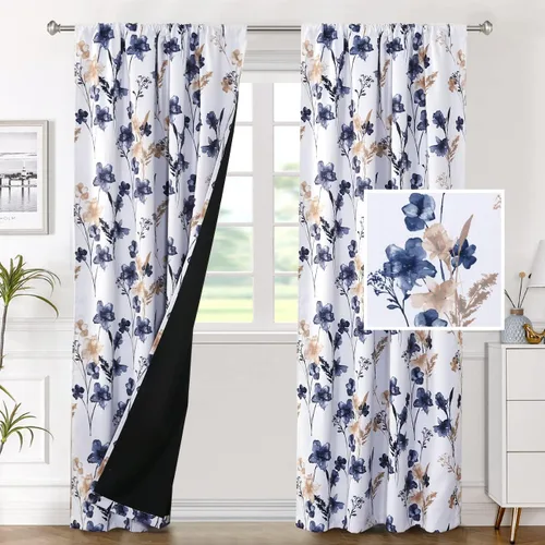 Vista 17 de H.VERSAILTEX Cenefas de cortina 100% opacas para ventanas de cocina, juego de 2 paneles de Cattleya con estampado floral, estampado floral