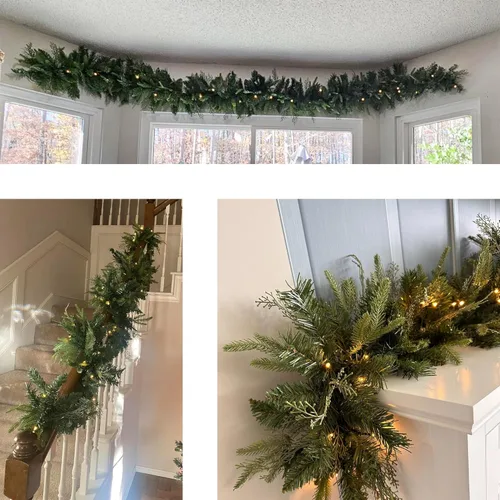 Vista 7 de Guirnalda de Navidad con 50 luces de 9 pies, guirnalda de Navidad preiluminada con hoja de ciprés, decoración de Navidad a pilas para escaleras