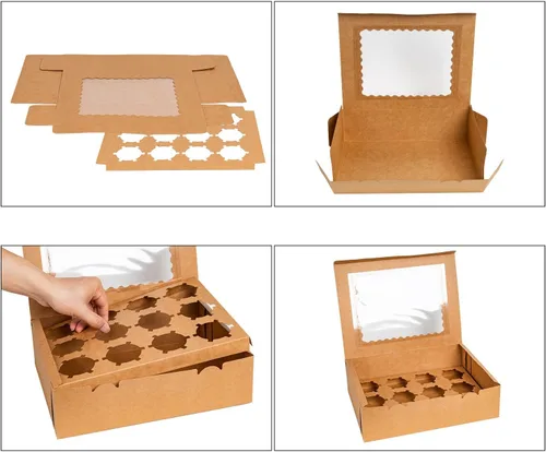 Vista 4 de Rarapop Paquete de 25 cajas para cupcakes con capacidad para 12 cupcakes estándar, soportes para cupcakes de grado alimenticio, cajas de panadería